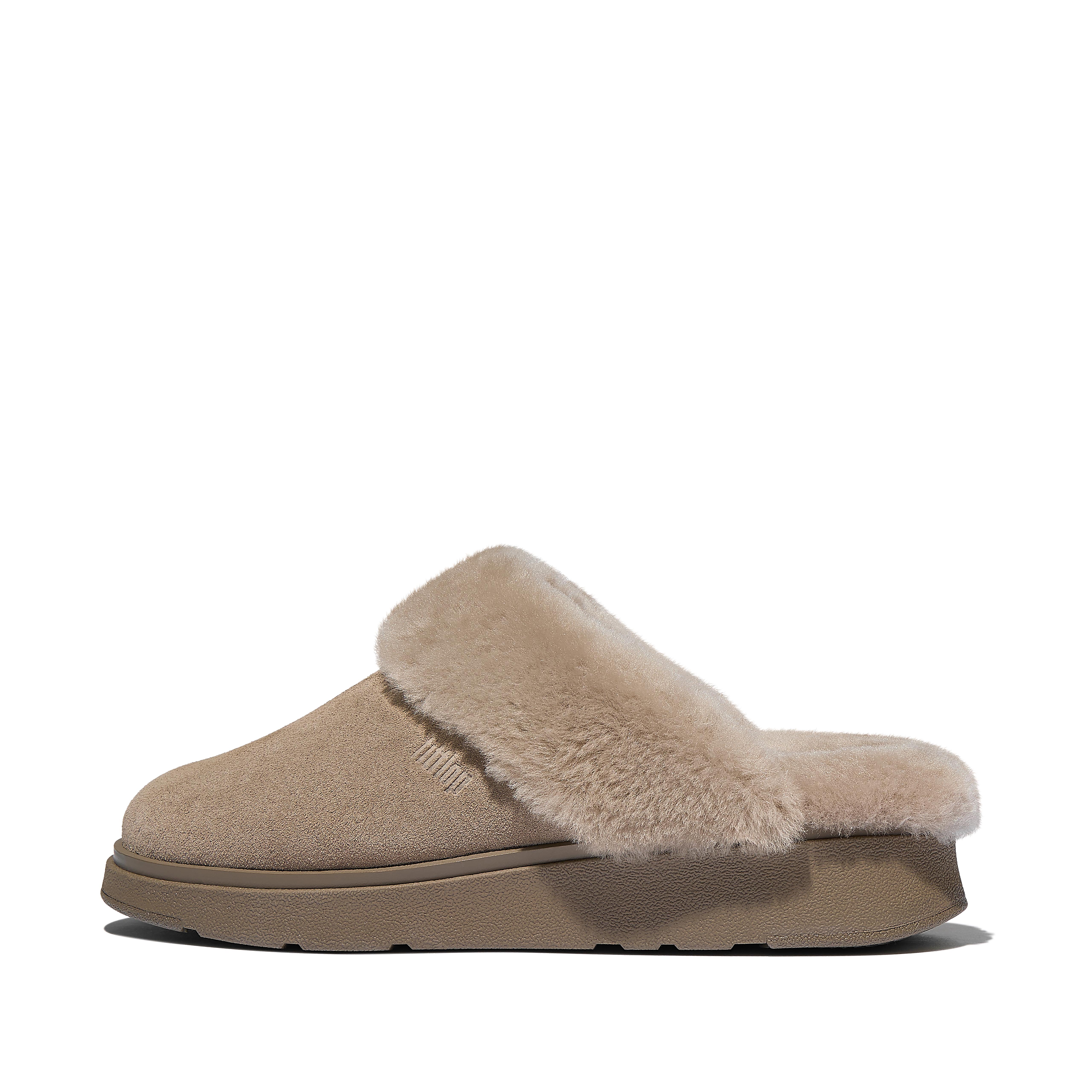 FitFlop GEN-FF Shearling-Collar Suede Slippers - Taupe