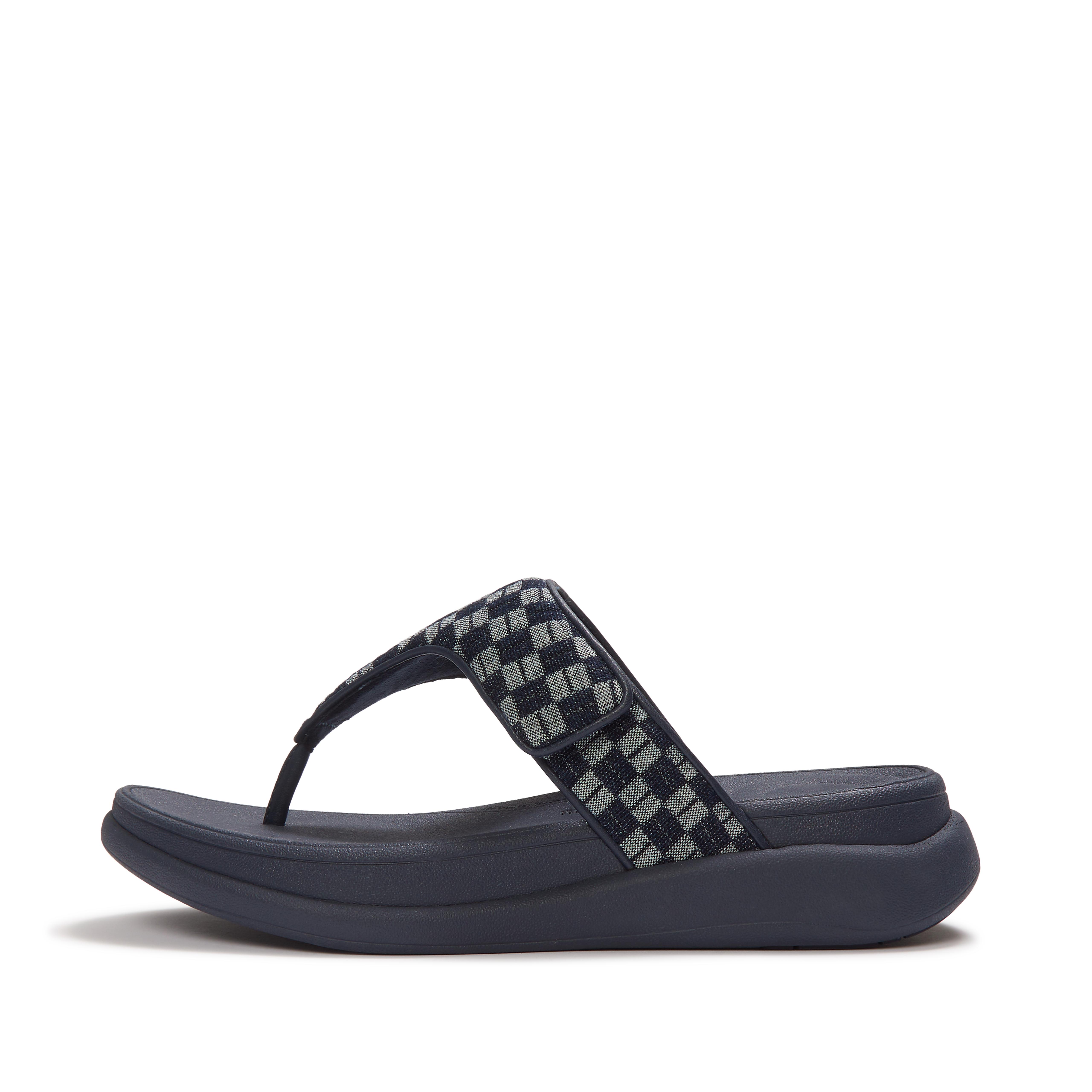 FitFlop F-MODE Go Adjustable Checkerboard-Denim Toe-Post Sandals - Denim