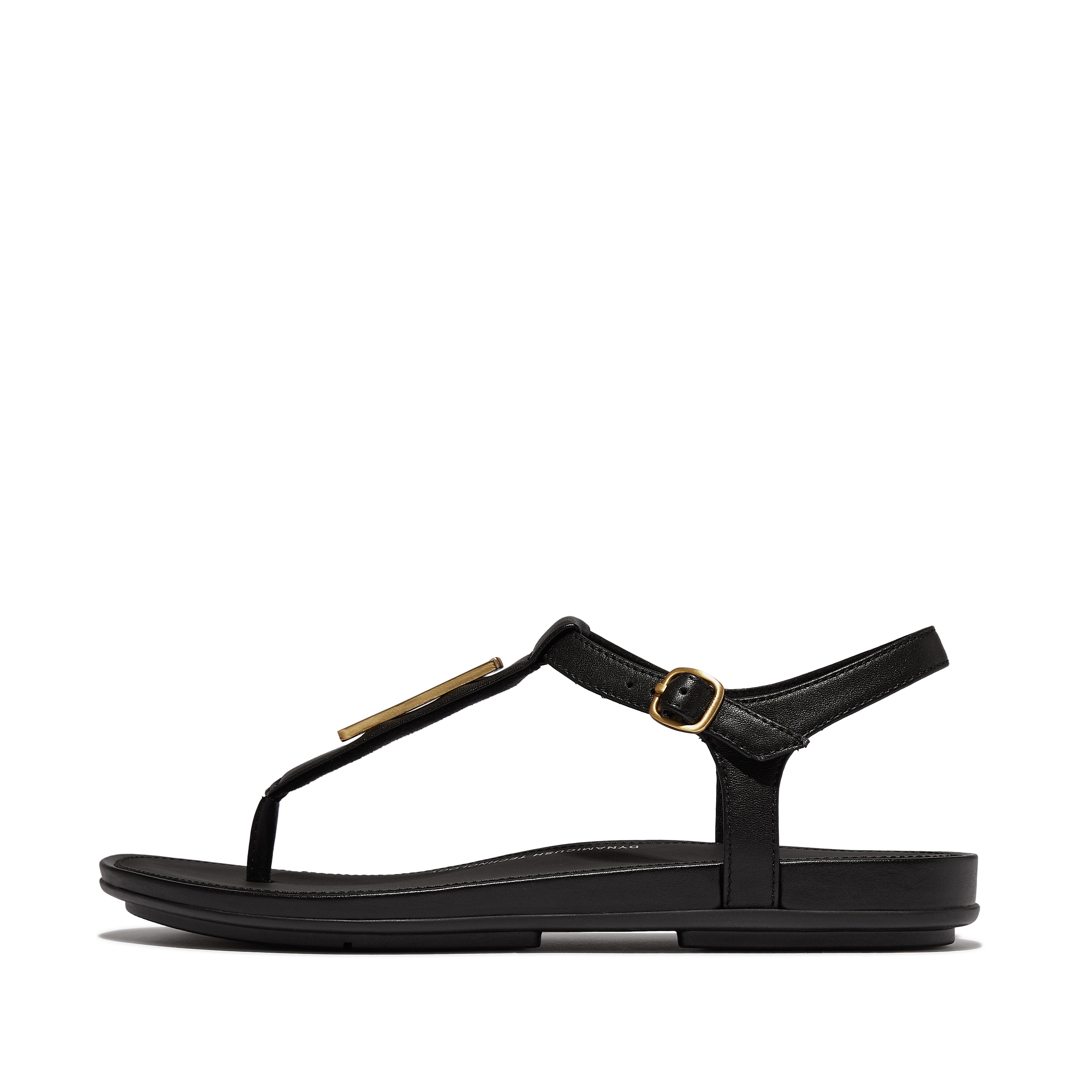FitFlop GRACIE Gold-Trim Leather T-Bar Sandals - All Black