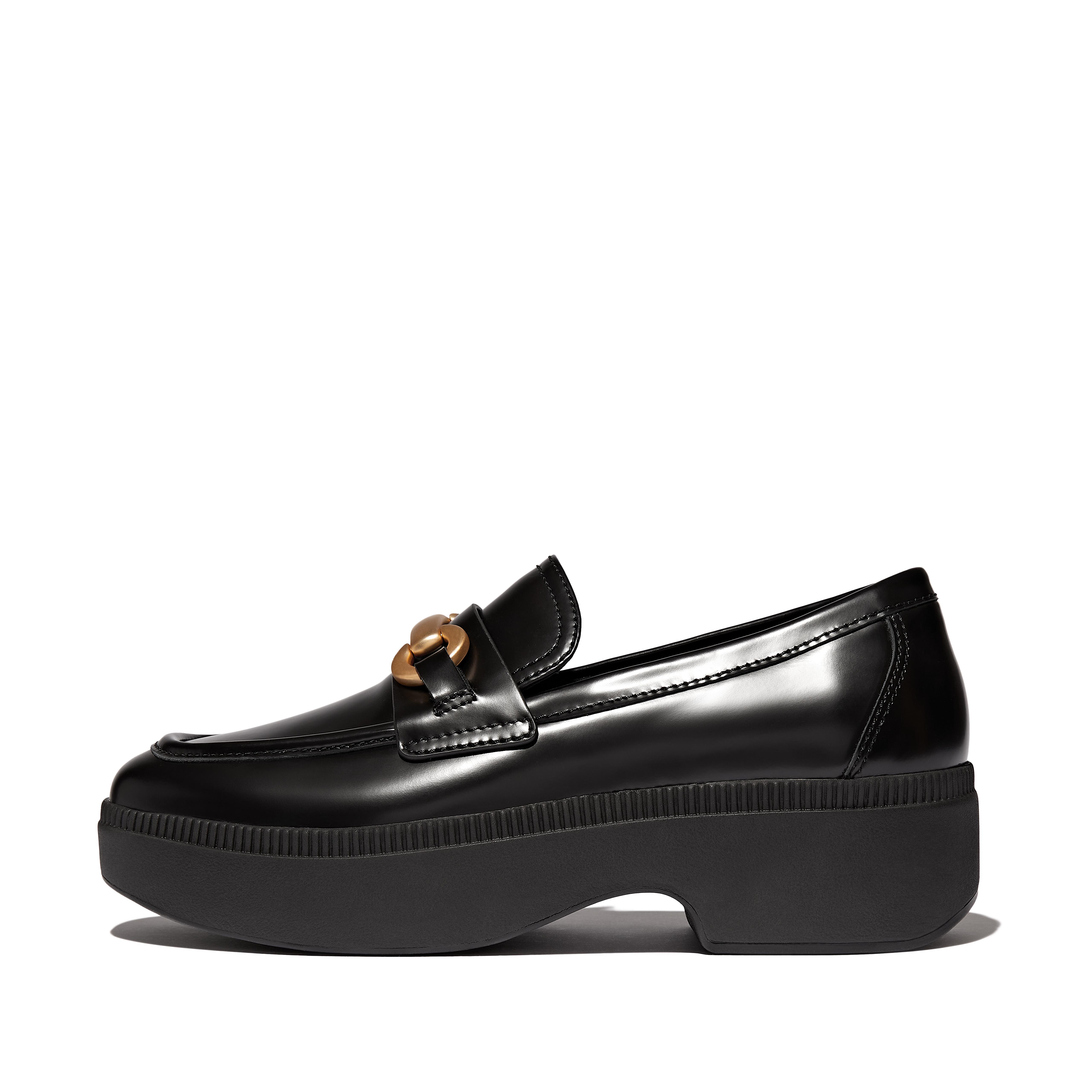FitFlop F-LUMA Chunky-Snaffle Box-Leather Demi-Wedge Loafers - Black