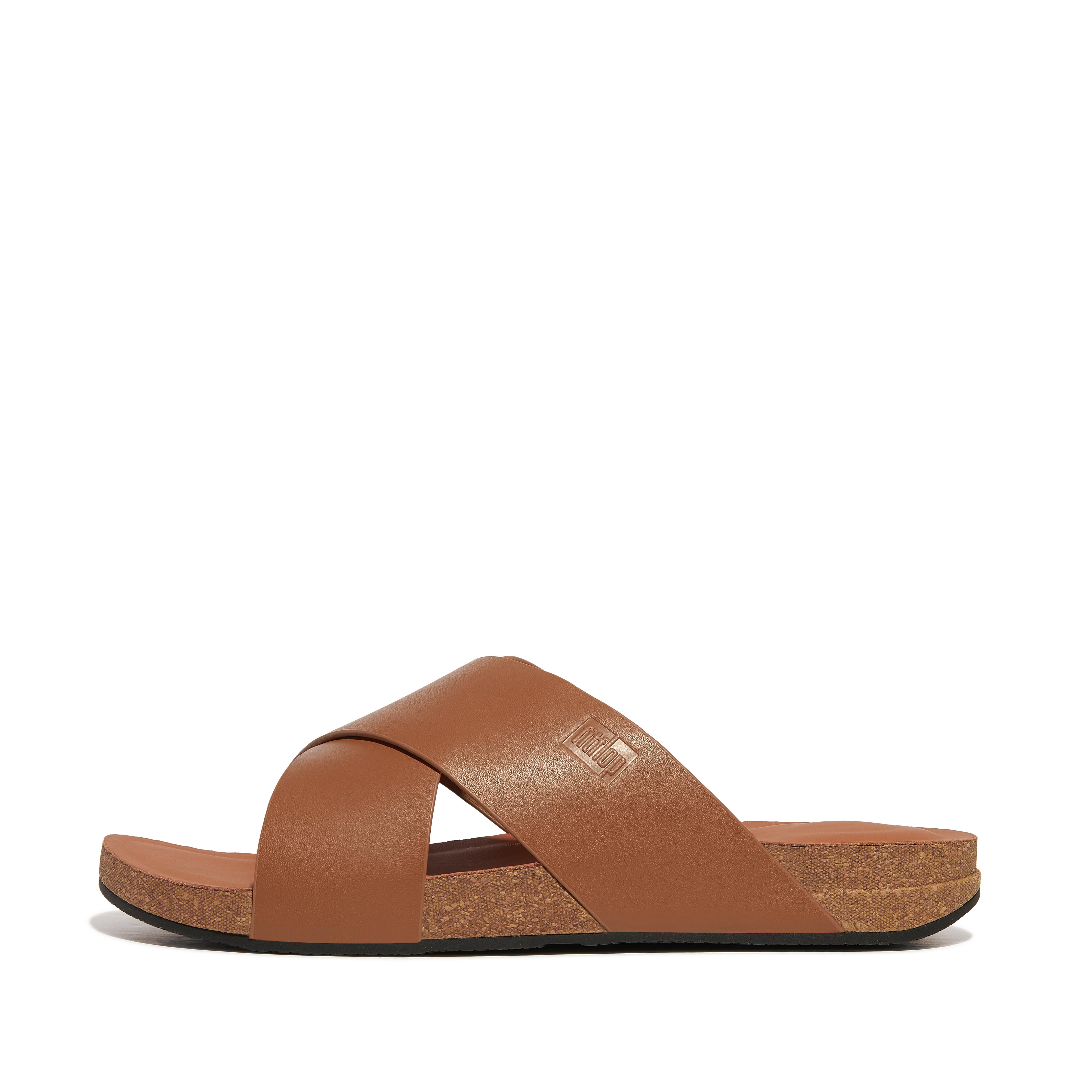 FitFlop IQUSHION Mens Leather Cross Slides - Light Tan