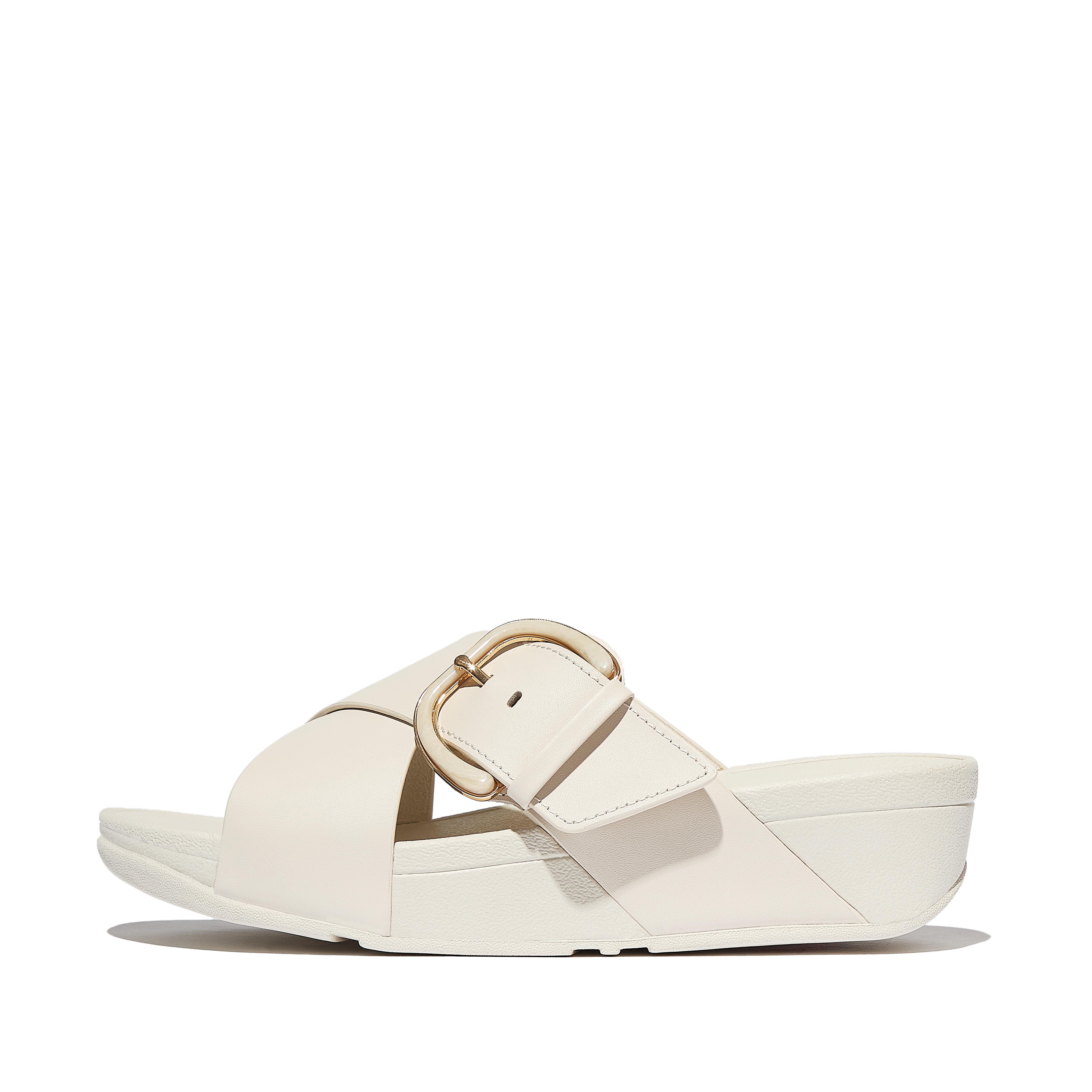 FitFlop LULU Resin-Buckle Leather Cross Slides - Paris Beige