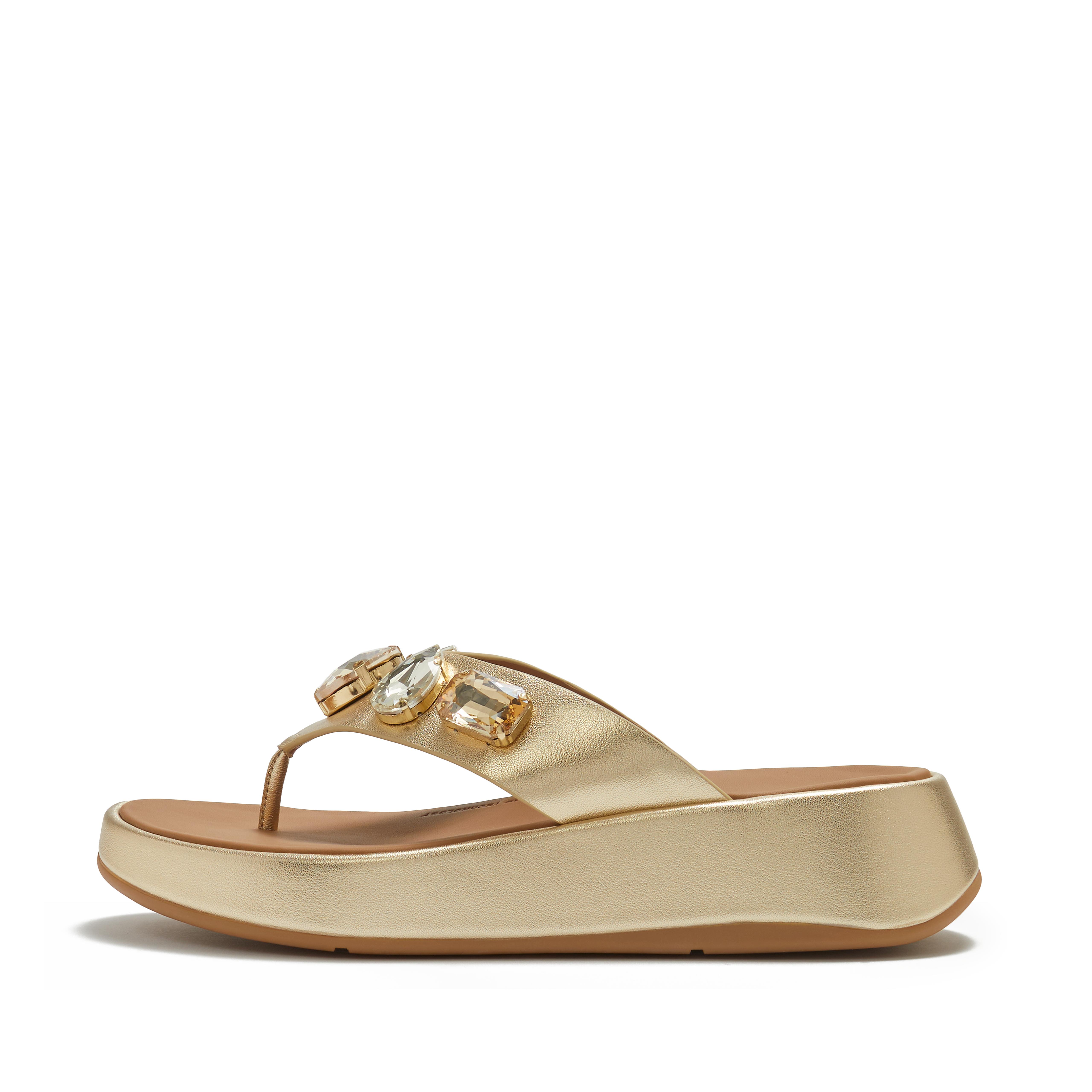 FitFlop F-MODE Ultra-Jewel Metallic-Leather Toe-Post Sandals - Platino