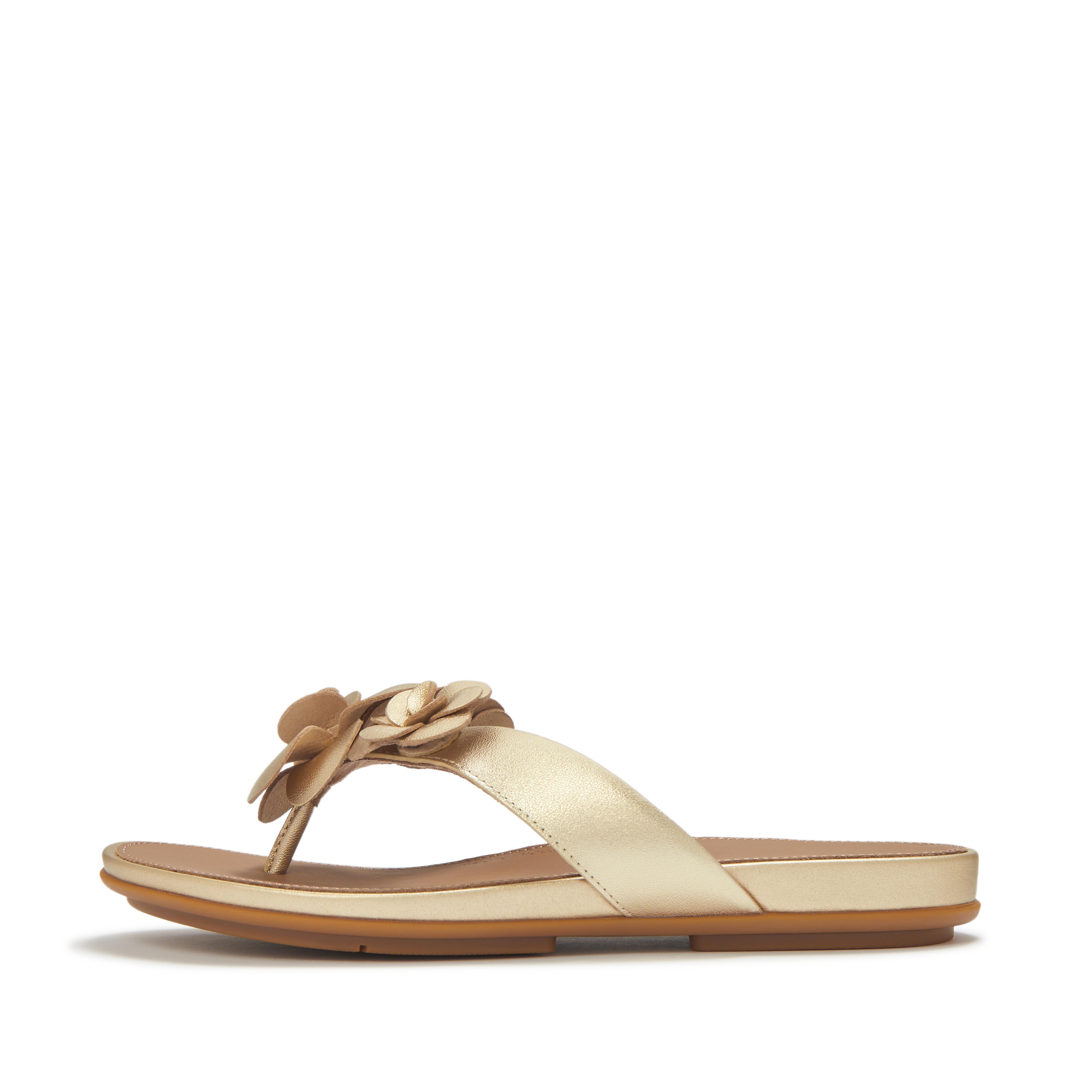 FitFlop GRACIE Flower Metallic-Leather Flip-Flops - Platino