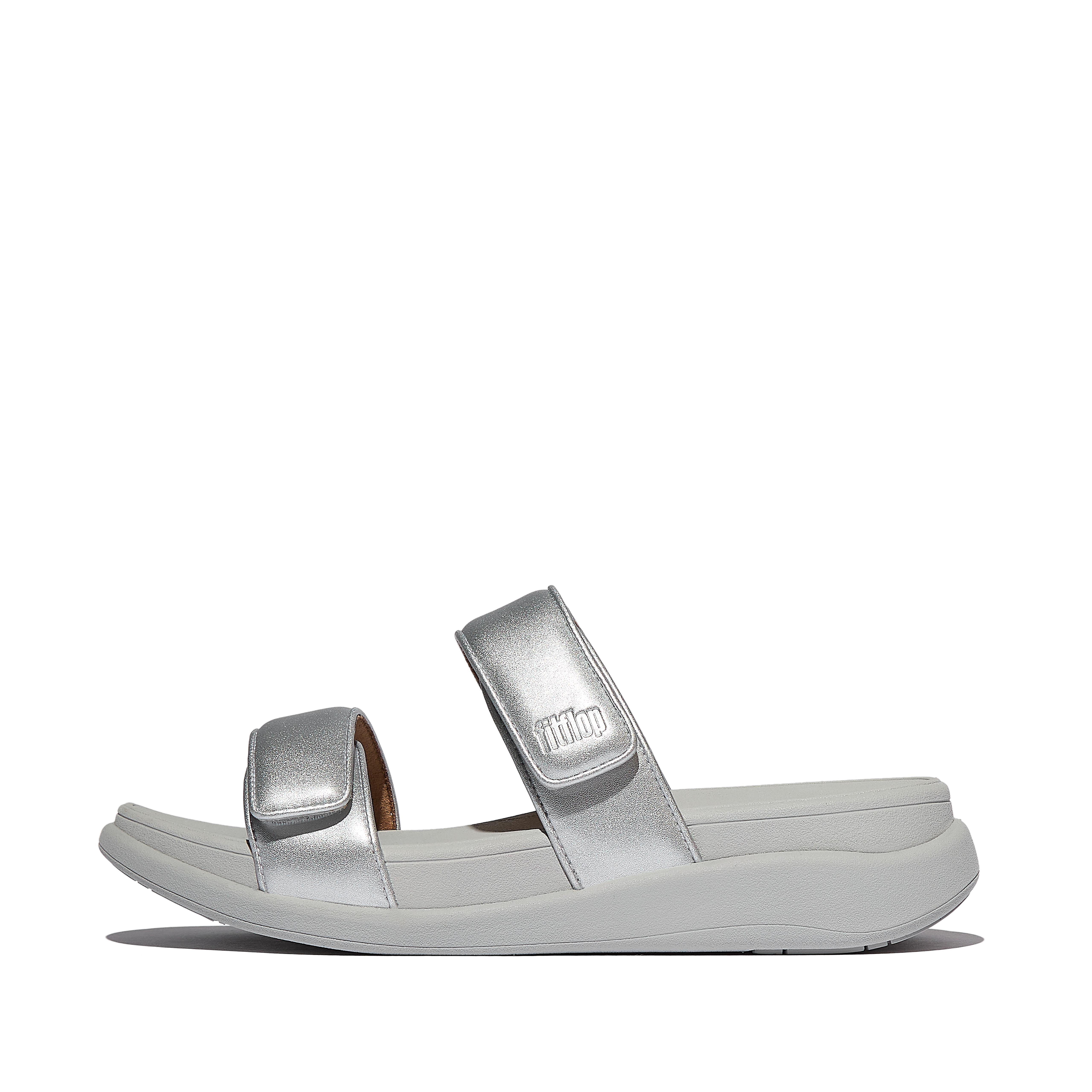 FitFlop F-MODE Go Adjustable Metallic Two-Bar Slides - Silver