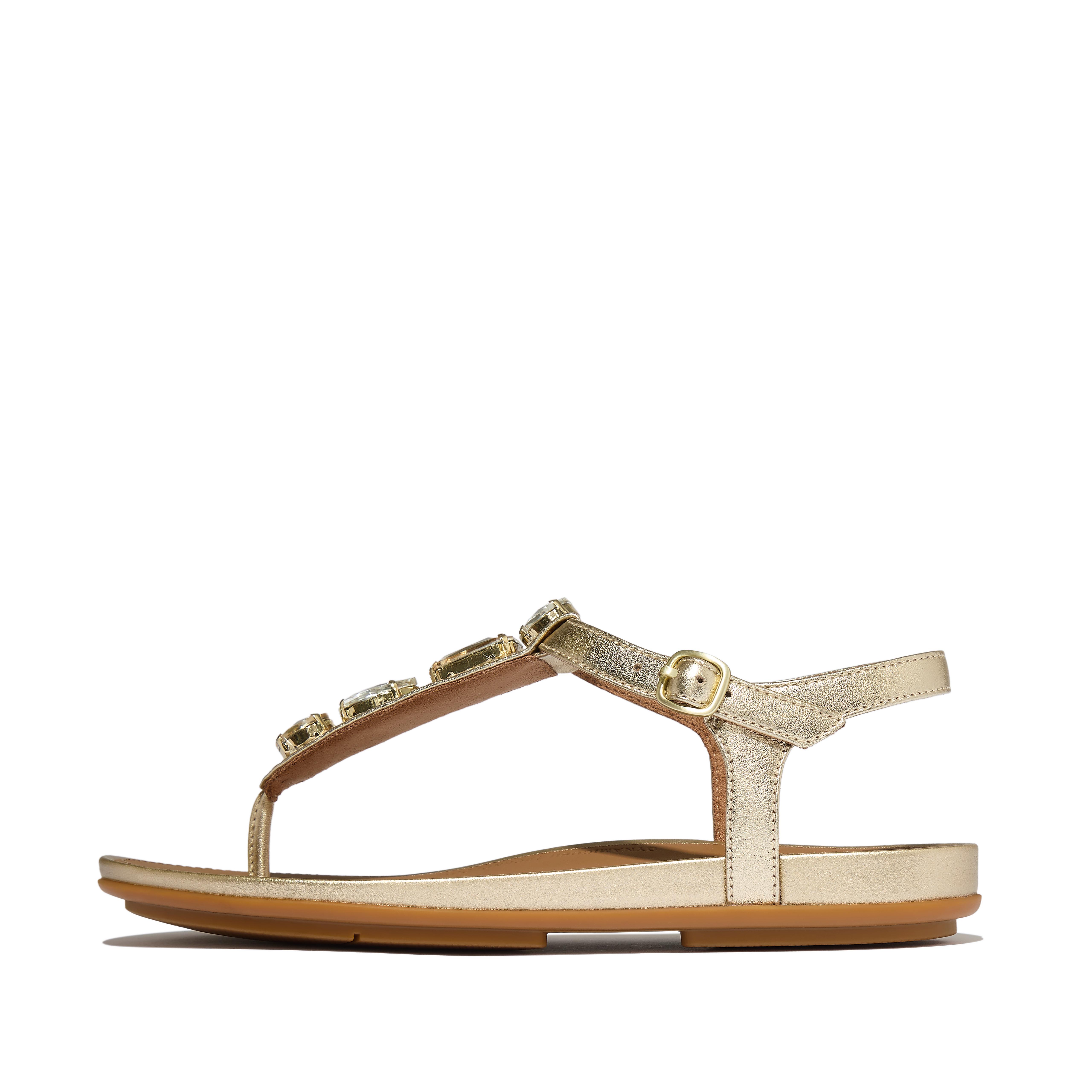 FitFlop GRACIE Ultra-Jewel Metallic-Leather T-Bar Sandals - Platino