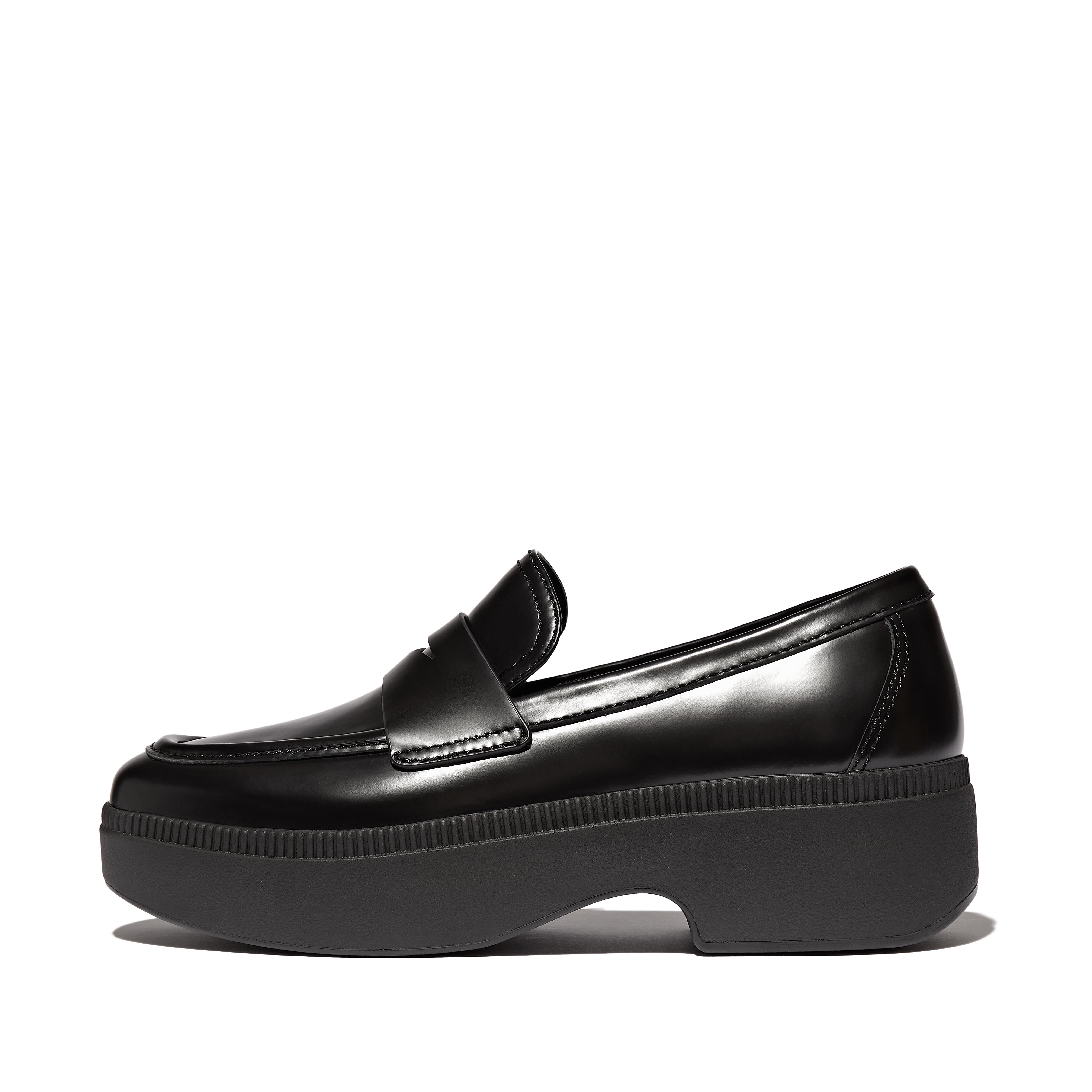 FitFlop F-LUMA Box-Leather Demi-Wedge Penny Loafers - Black