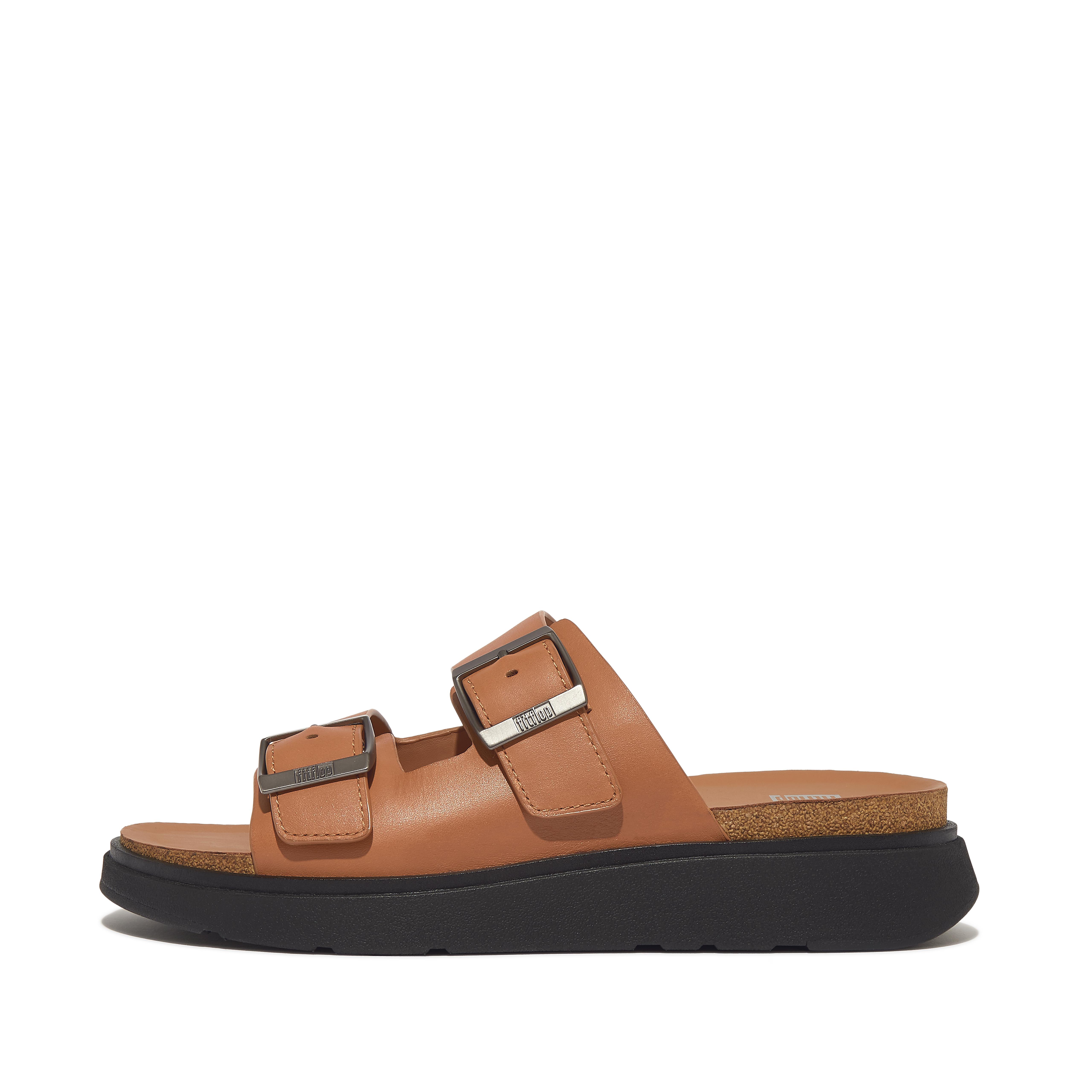 FitFlop GEN-FF Mens Buckle Two-Bar Leather Slides - Light Tan