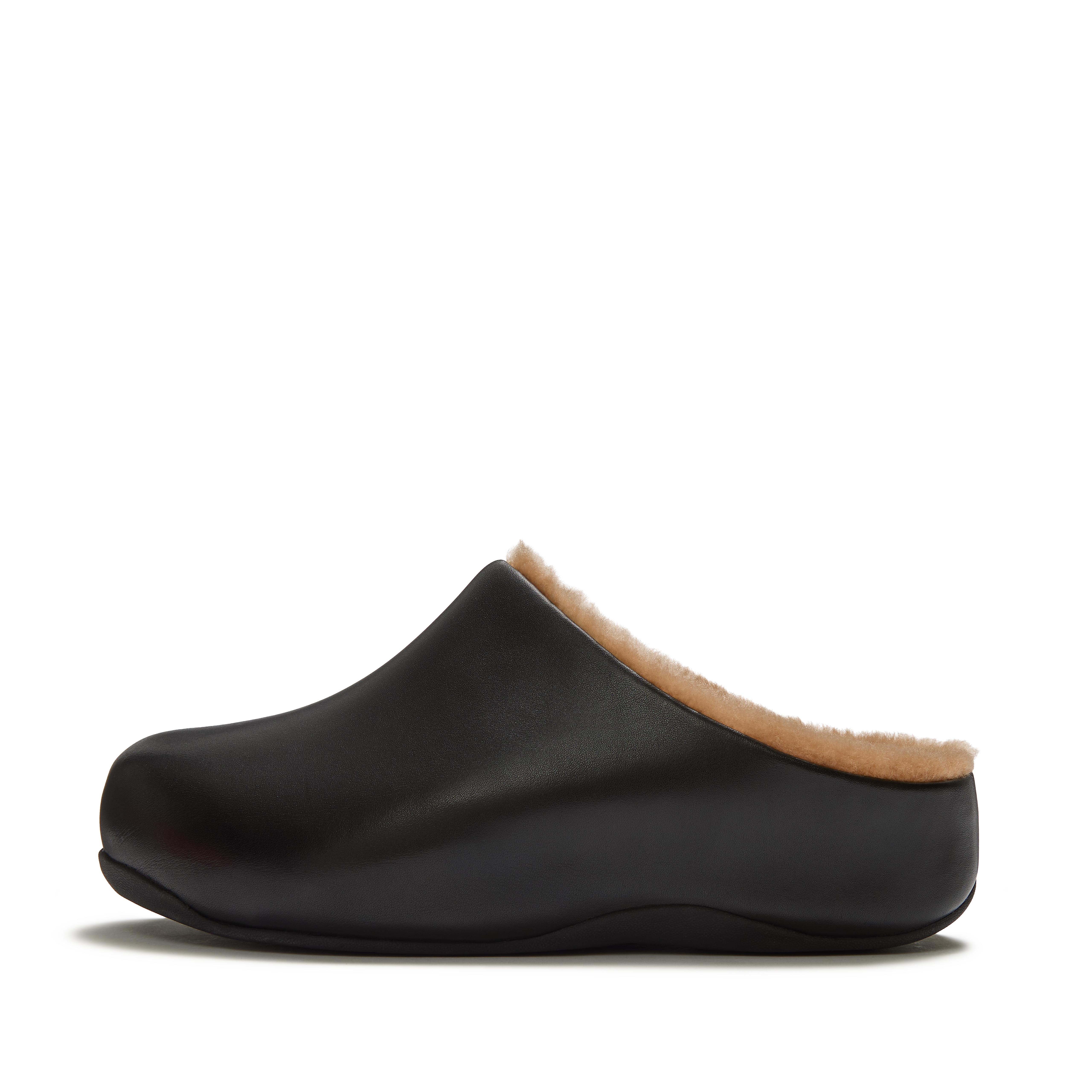 FitFlop SHUV Shearling Leather Mules - Black Tan