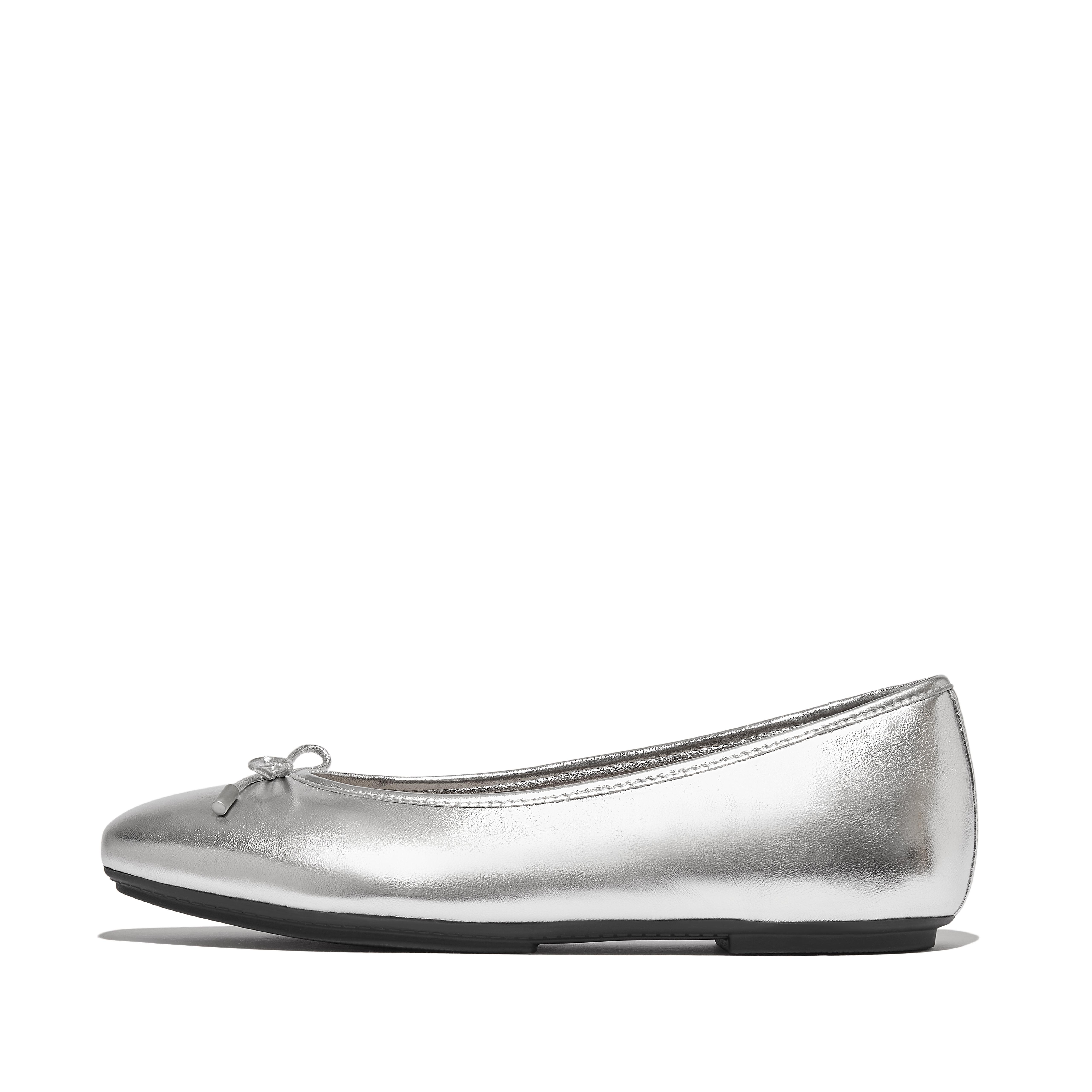 FitFlop DELICATO Bow Soft Metallic-Leather Ballerinas - Silver