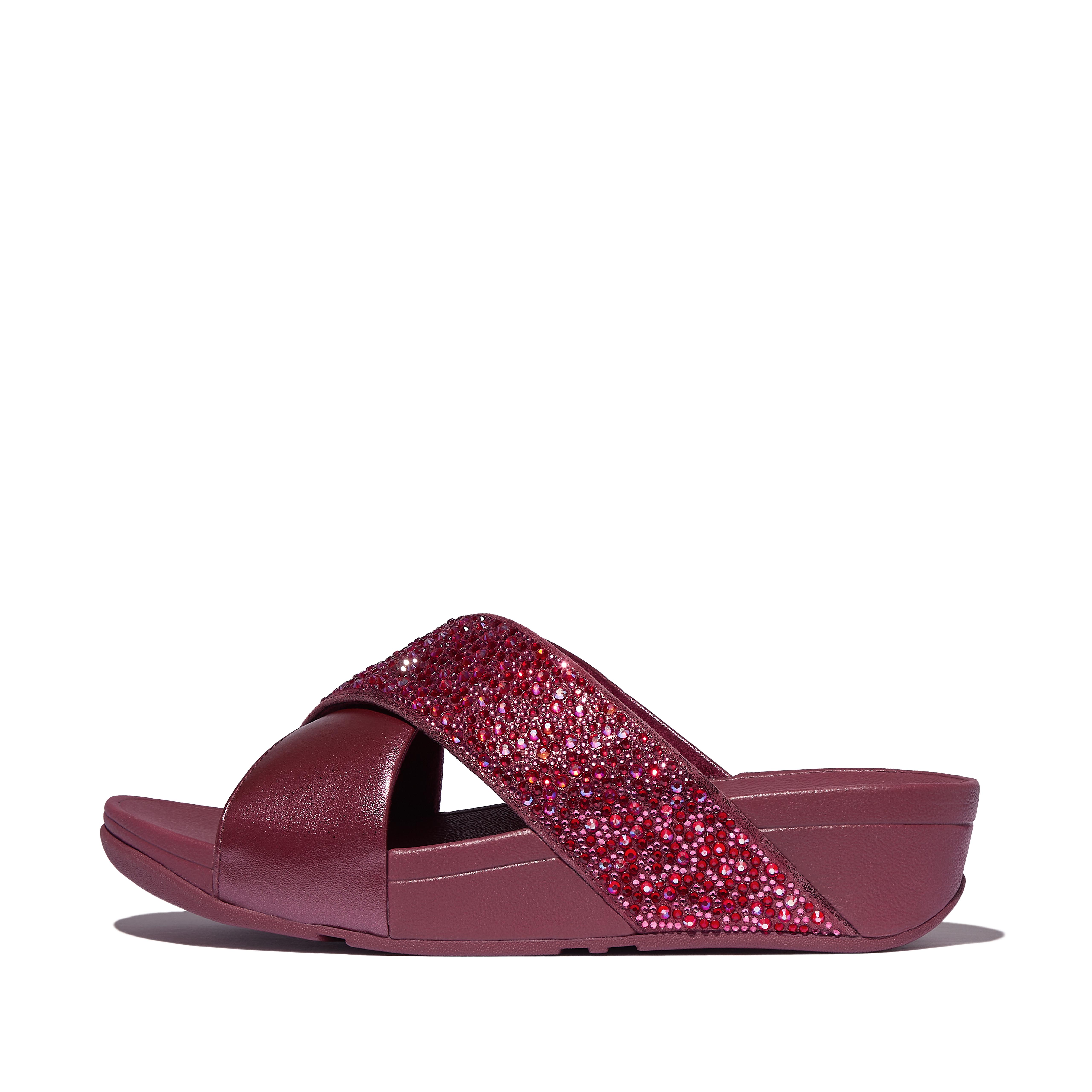 FitFlop LULU Crystal-Mix Metallic Cross Slides - Plummy