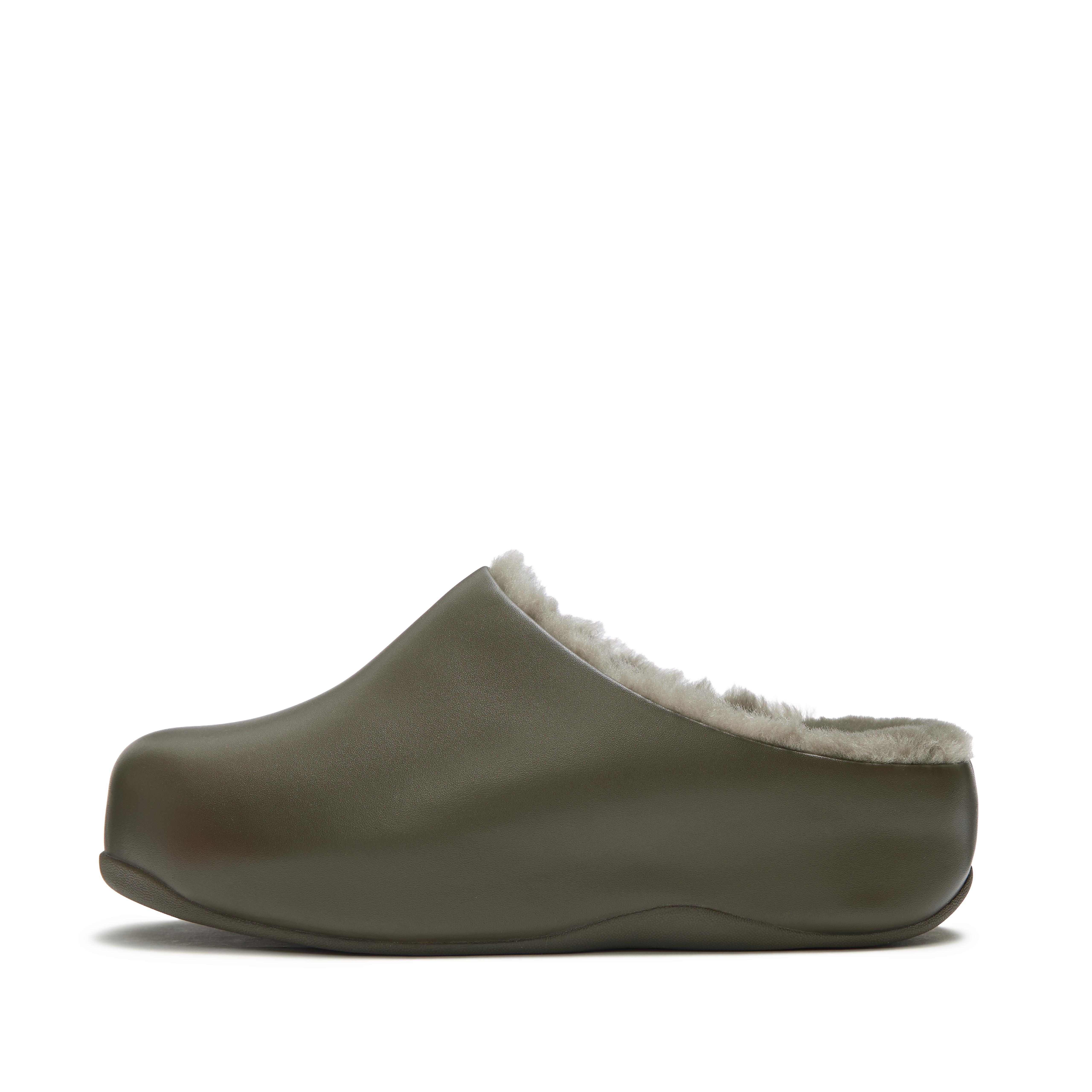 FitFlop SHUV Shearling Leather Mules - Olive/Cream