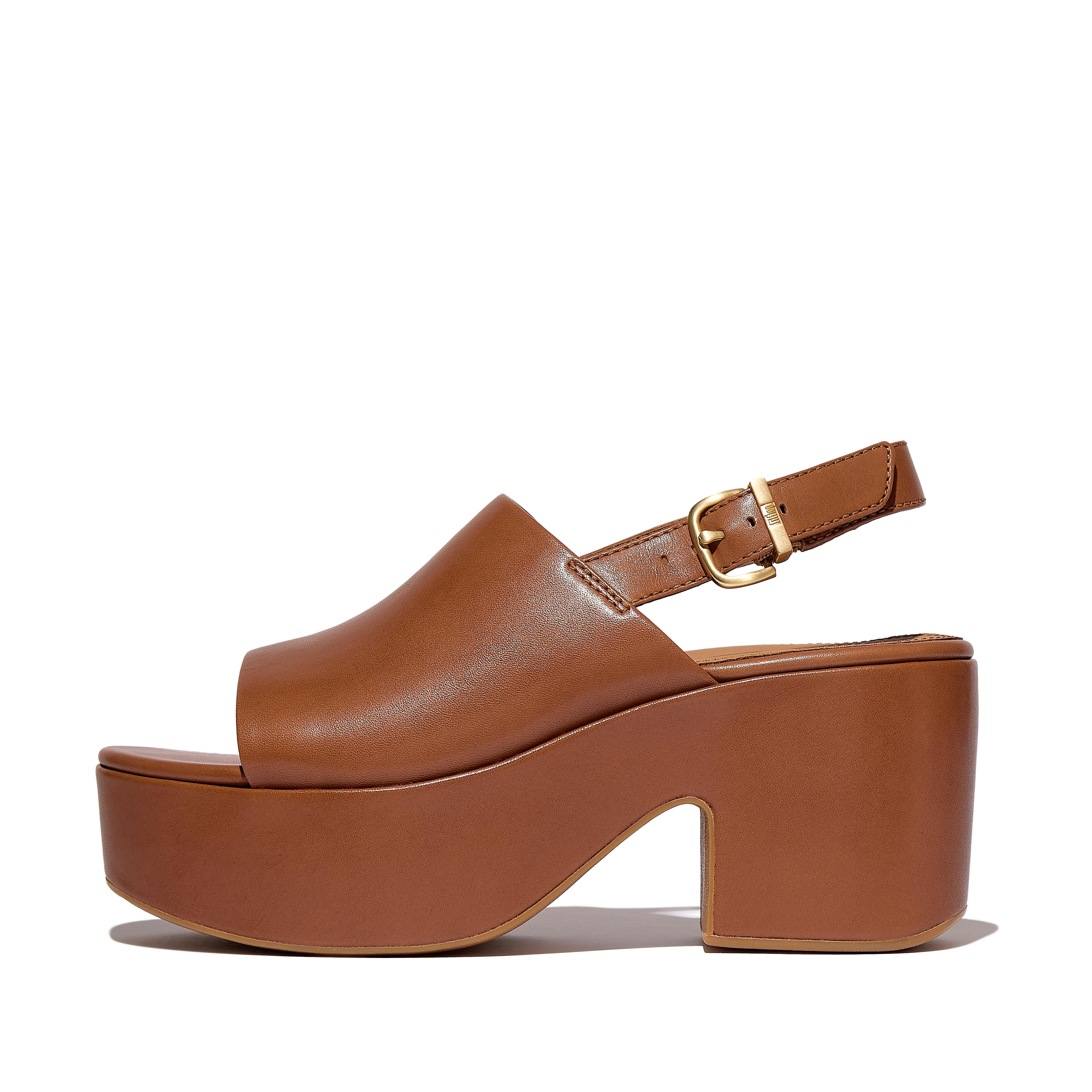 FitFlop PLATFFORMS Leather Heeled Back-Strap Sandals - Deep tan
