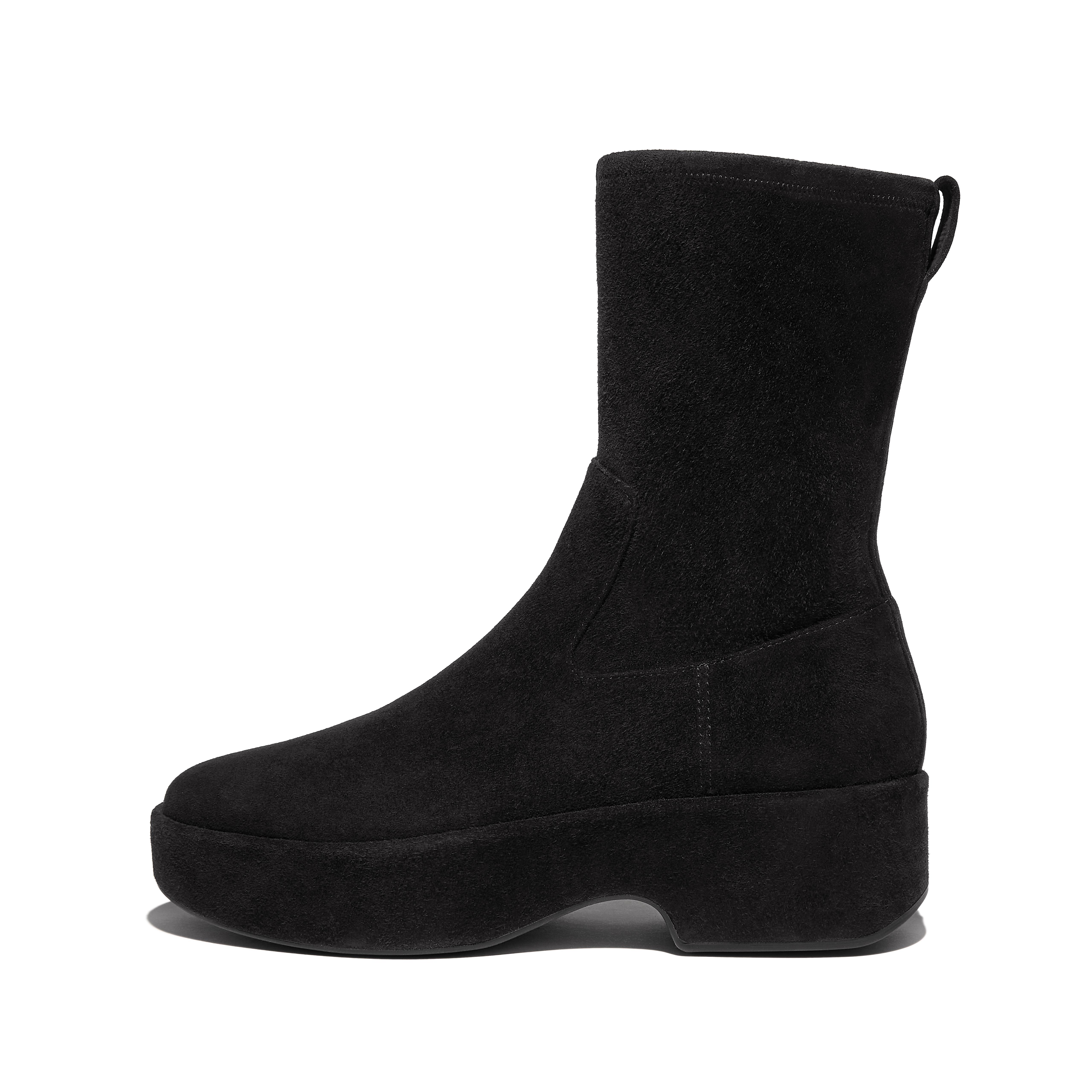 FitFlop F-LUMA Stretch Suede Demi-Wedge Mid-Calf Boots - All Black
