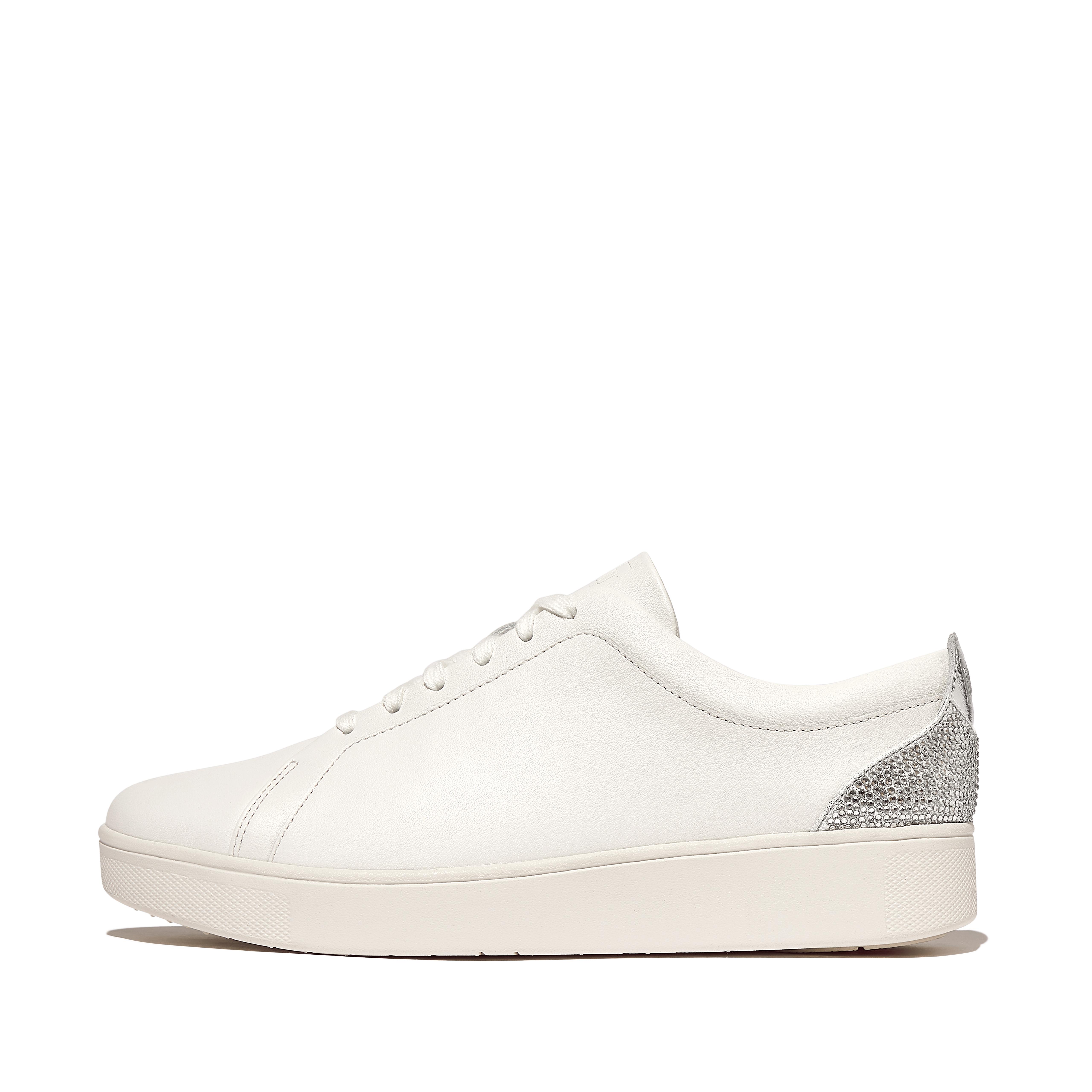 FitFlop RALLY Crystal-Backtab Leather Sneakers - Silver